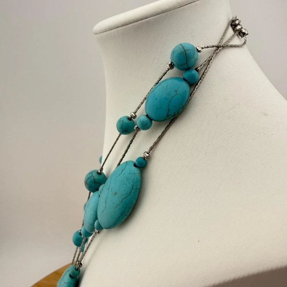 Boho Layered Necklace Howlite Stone Multi Strand Southwestern Design